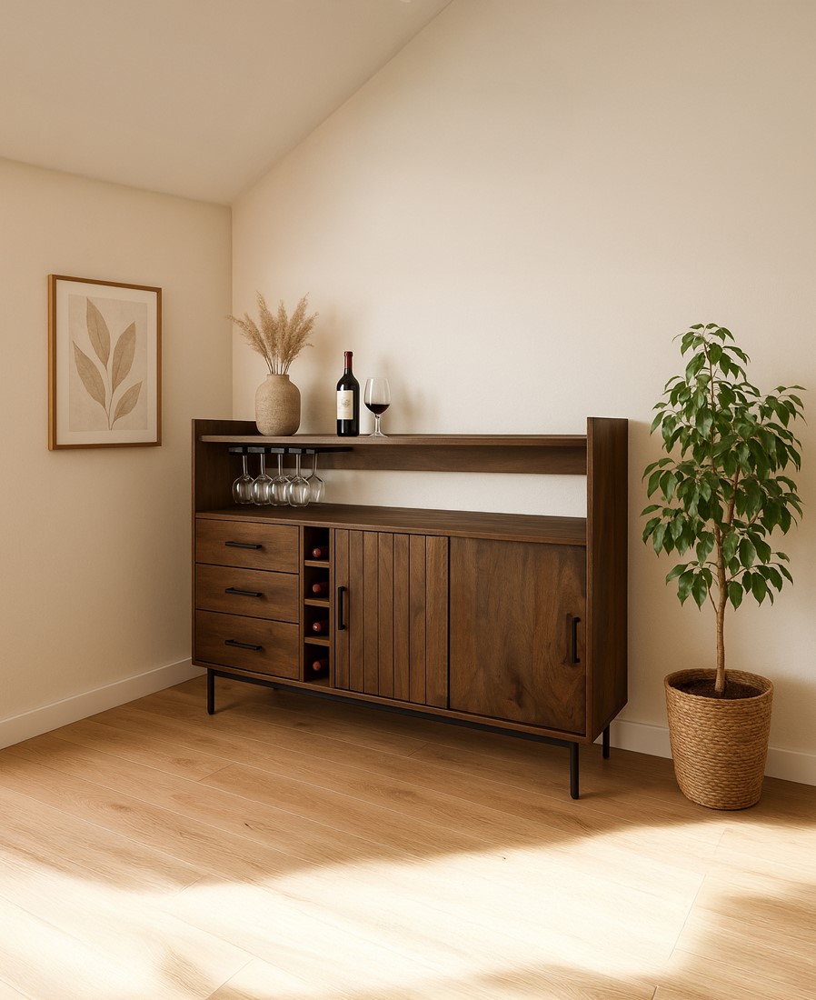 Barkast 160 met 2 schuifdeuren en 3 lades Walnut bruin mangohout - Afbeelding 2
