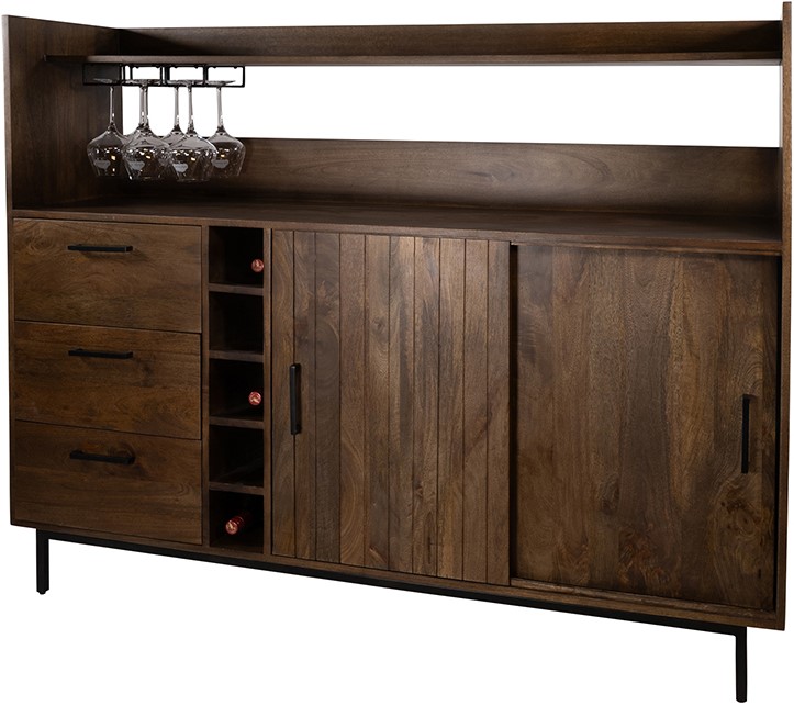 Barkast 160 met 2 schuifdeuren en 3 lades Walnut bruin mangohout - Afbeelding 3