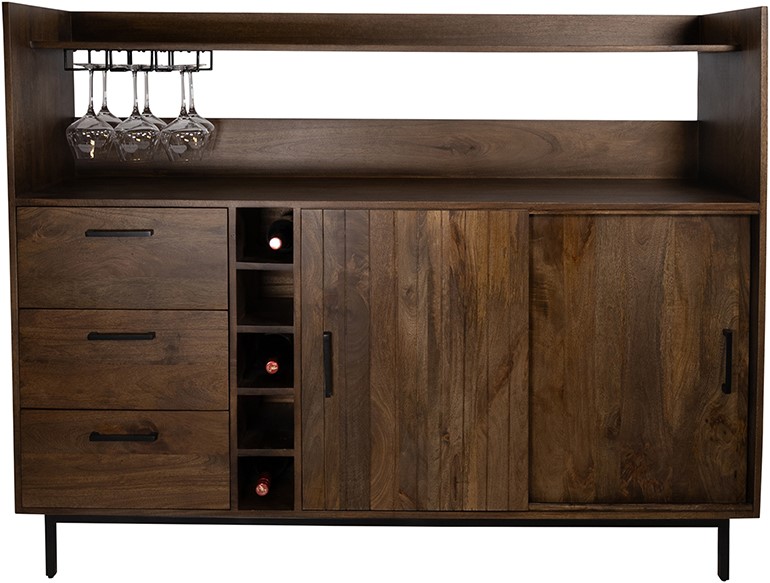 Barkast 160 met 2 schuifdeuren en 3 lades Walnut bruin mangohout - Afbeelding 5